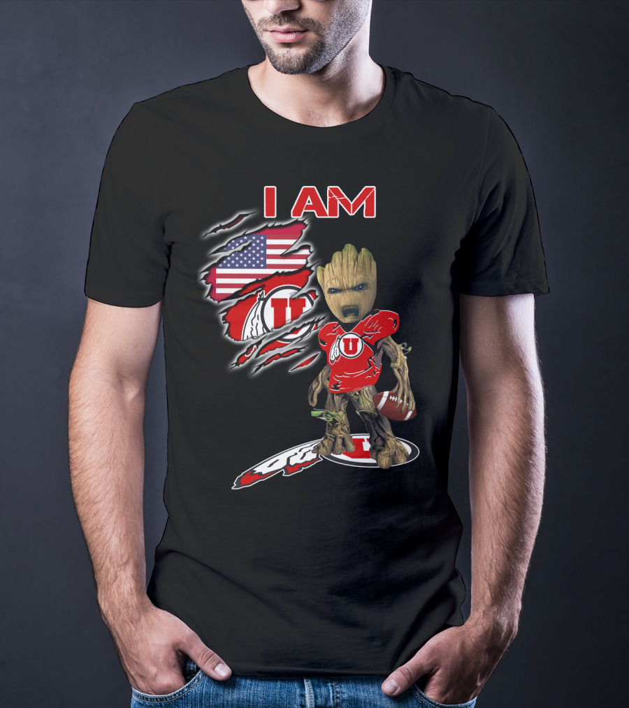 I Am U Utah Football Fan Groot American Flag T-Shirt