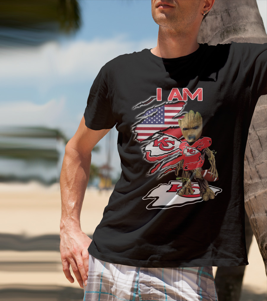 I Am Kc Chiefs Groot American Football Fan Usa Flag T-Shirt