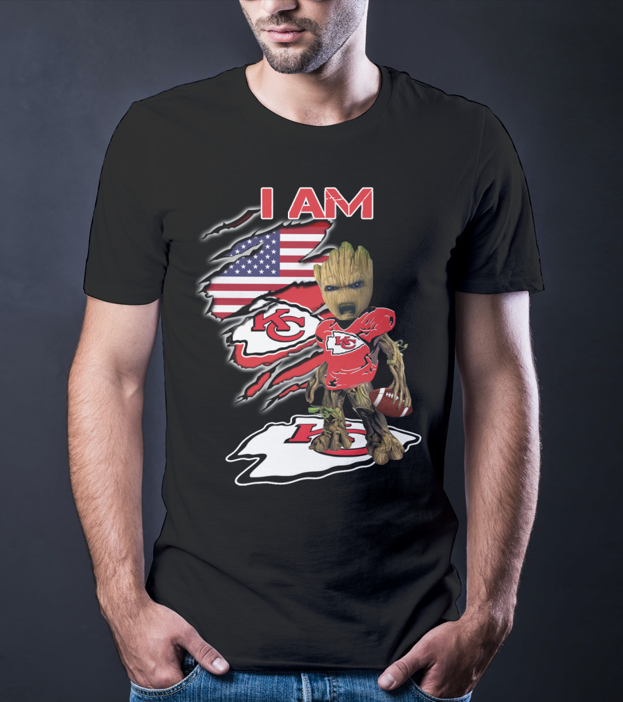I Am Kc Chiefs Groot American Football Fan Usa Flag T-Shirt