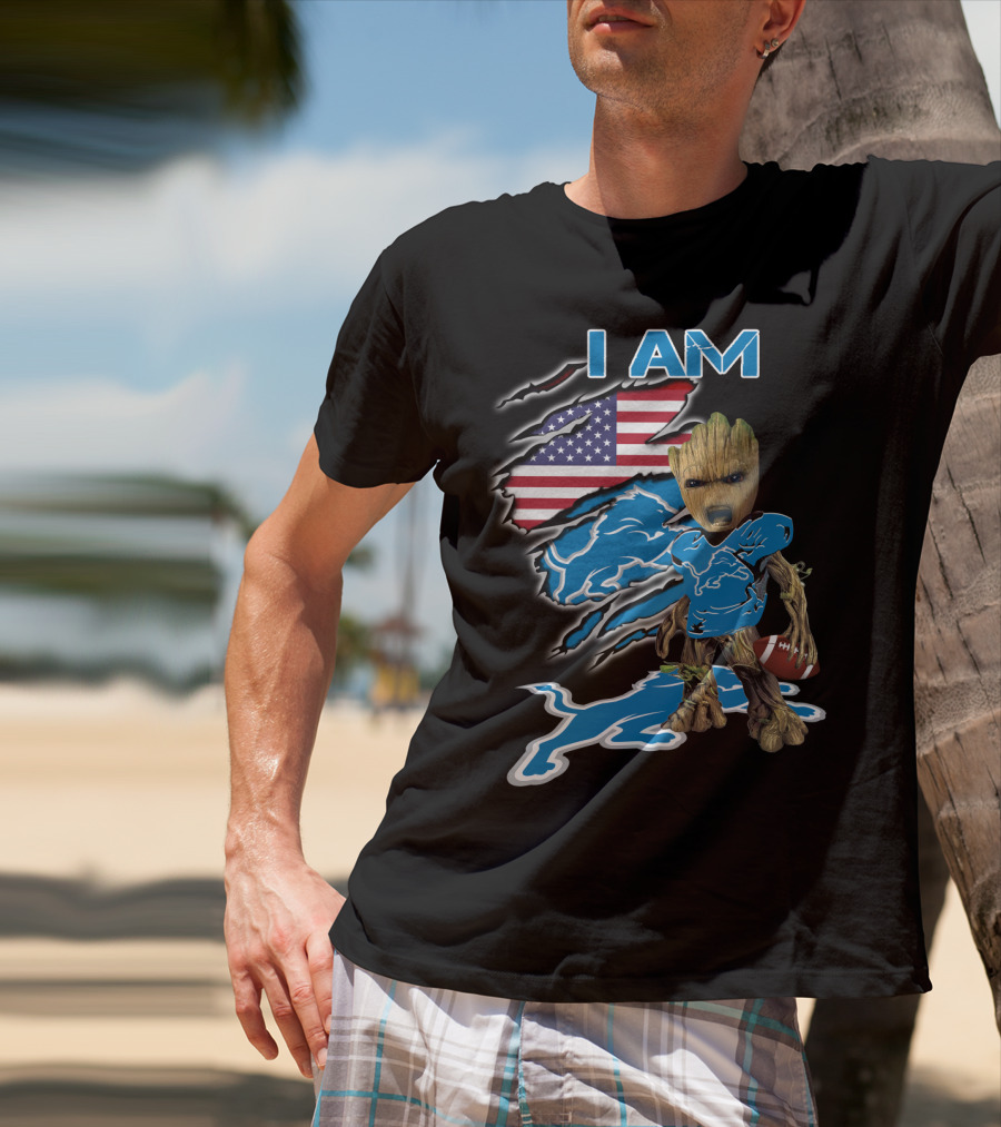 I Am Groot Detroit Lions Fan Football American Flag T-Shirt