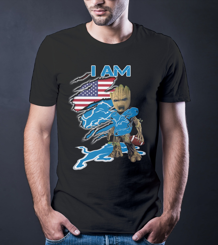I Am Groot Detroit Lions Fan Football American Flag T-Shirt