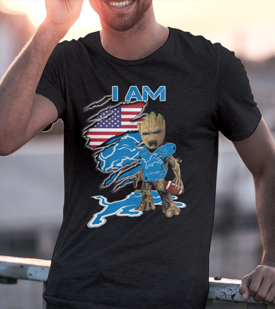 I Am Groot Detroit Lions Fan Football American Flag T-Shirt