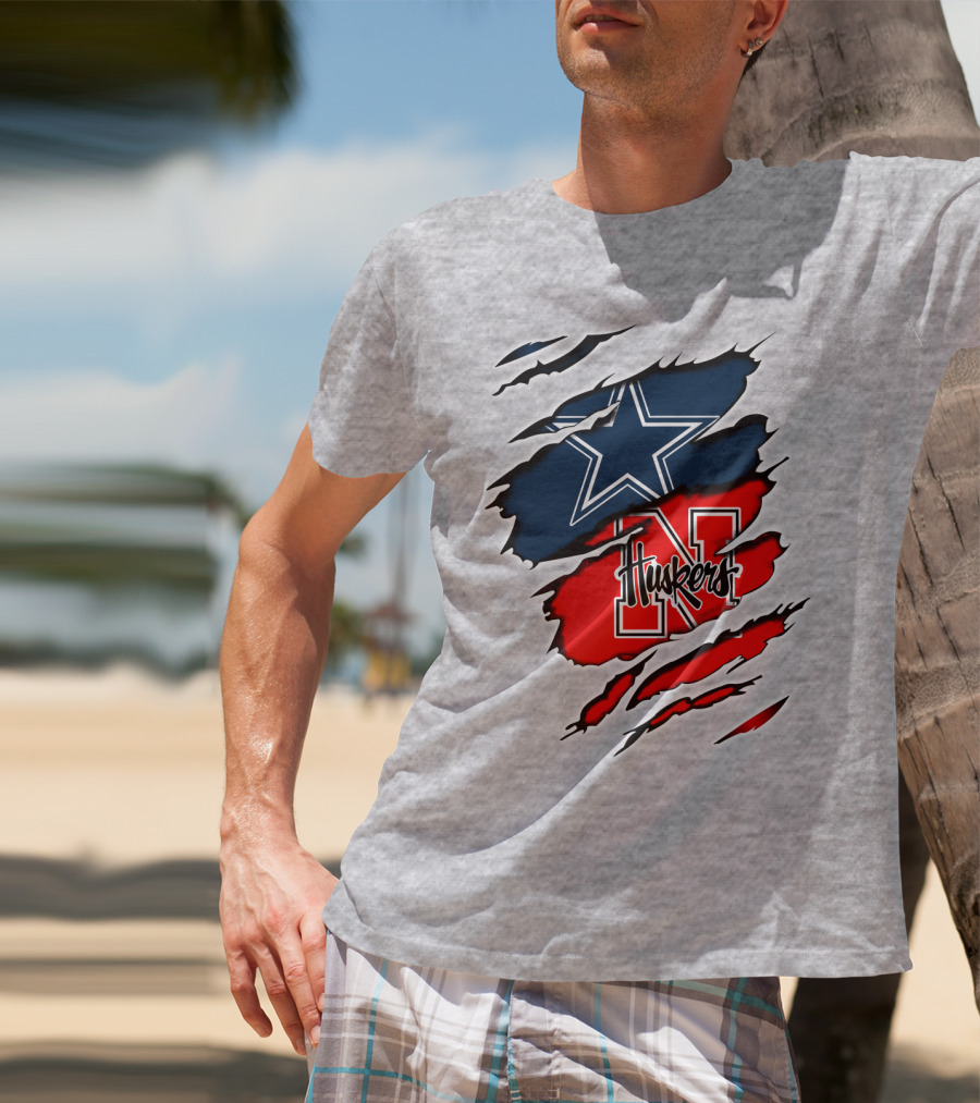 Cowboys Huskers Star Logo Red And Blue Tear T-Shirt