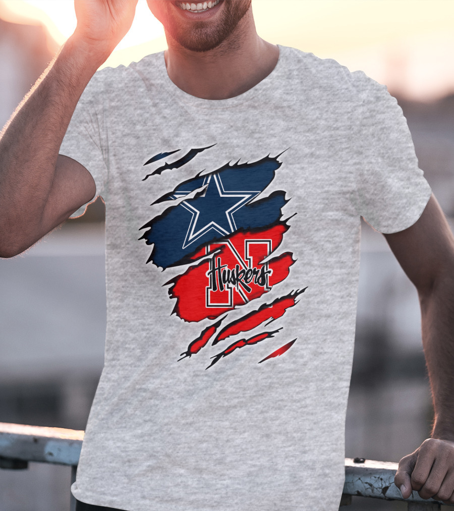 Cowboys Huskers Star Logo Red And Blue Tear T-Shirt