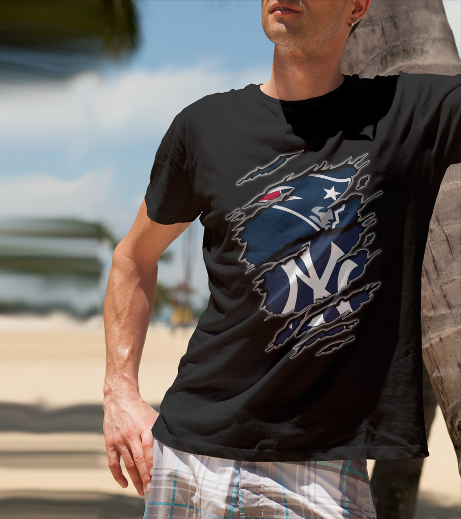 Patriots And Yankees Logo Combined With Ripped Style T-Shirt