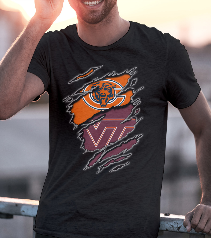 Chicago Bears And Virginia Tech Hokies Rip Claw Logo Fusion T-Shirt
