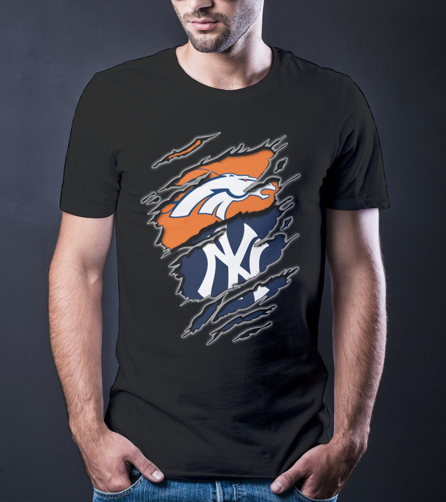 Broncos And Yankees Combined Logos On Torn T-Shirt