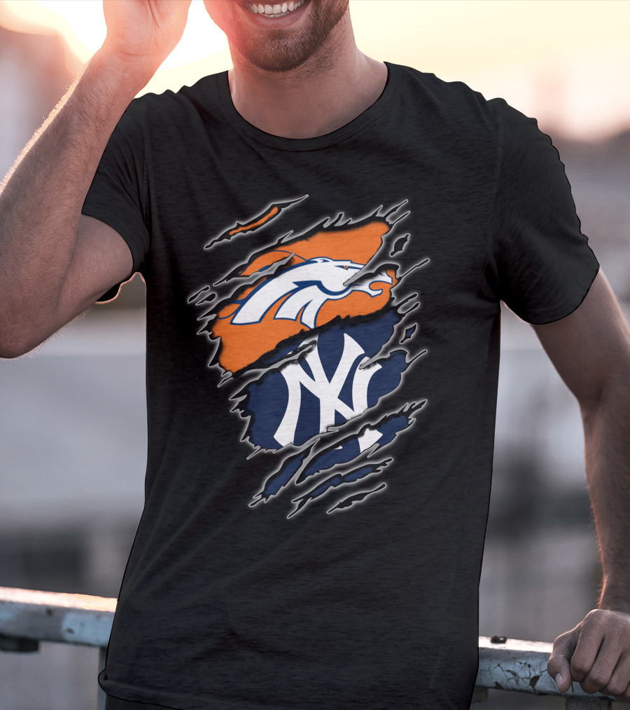 Broncos And Yankees Combined Logos On Torn T-Shirt