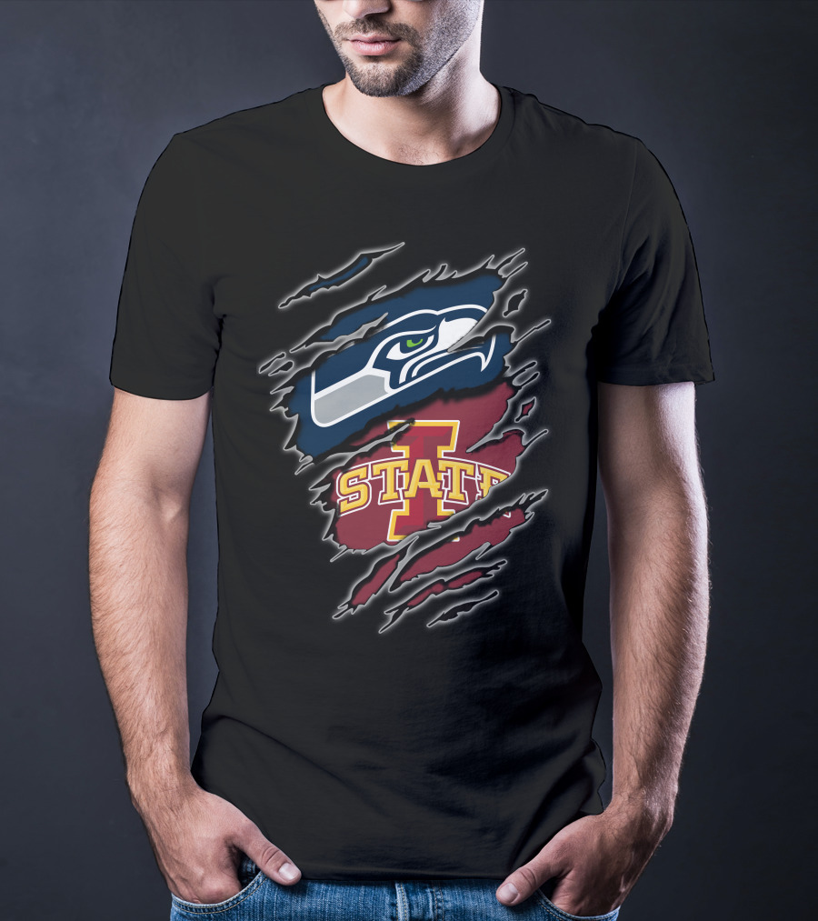 Seahawks Iowa State Cyclones Seattle Logo Torn Effect T-Shirt