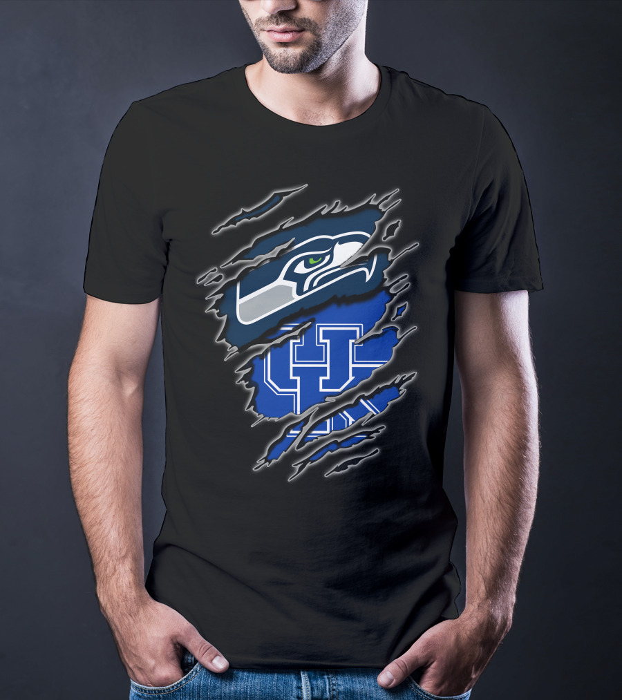 Seahawks Uk Blue Claw Mark Logo Ripped Effect T-Shirt