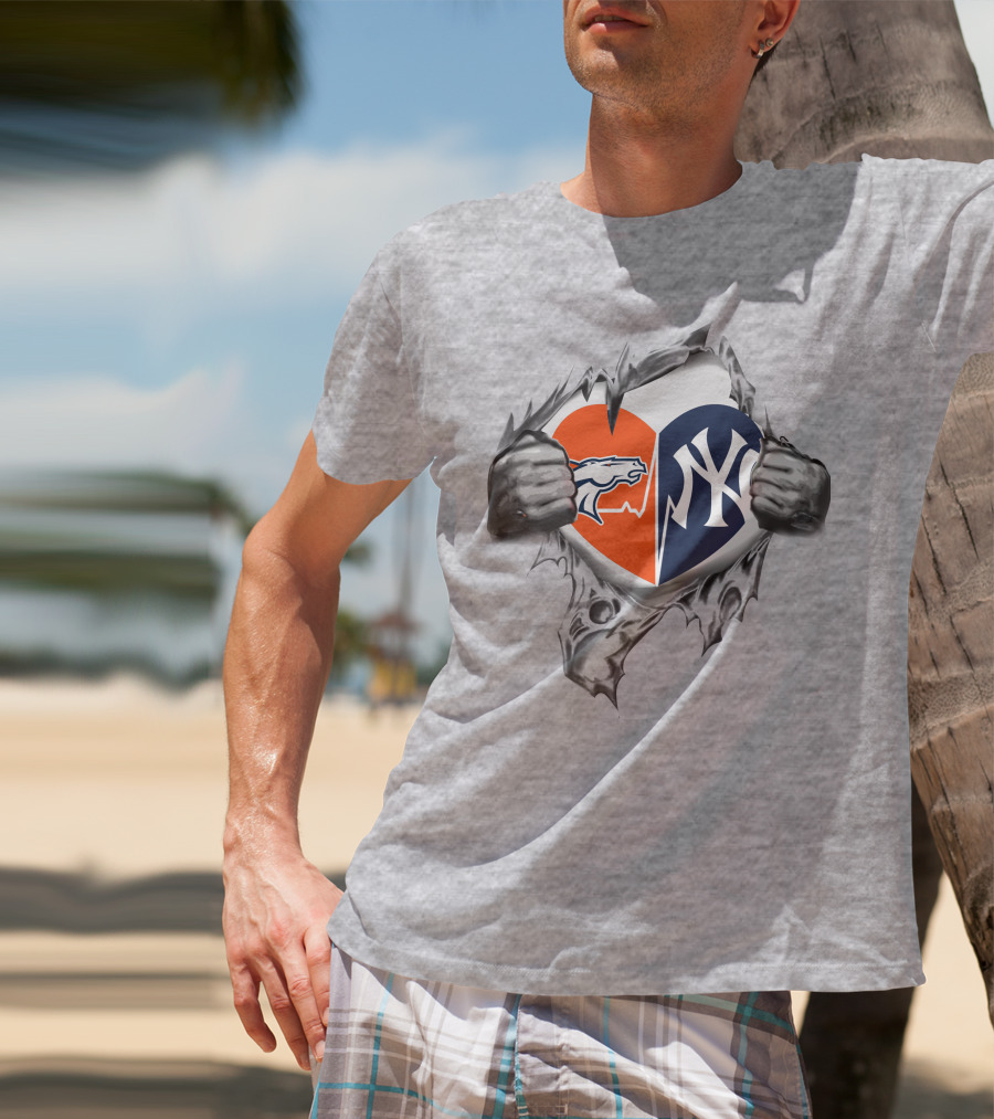 Broncos And Yankees Heart Split Design With Iconic Logo Mesh Tear Elements T-Shirt