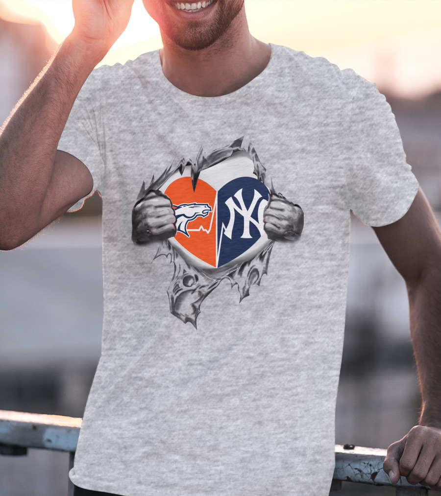 Broncos And Yankees Heart Split Design With Iconic Logo Mesh Tear Elements T-Shirt
