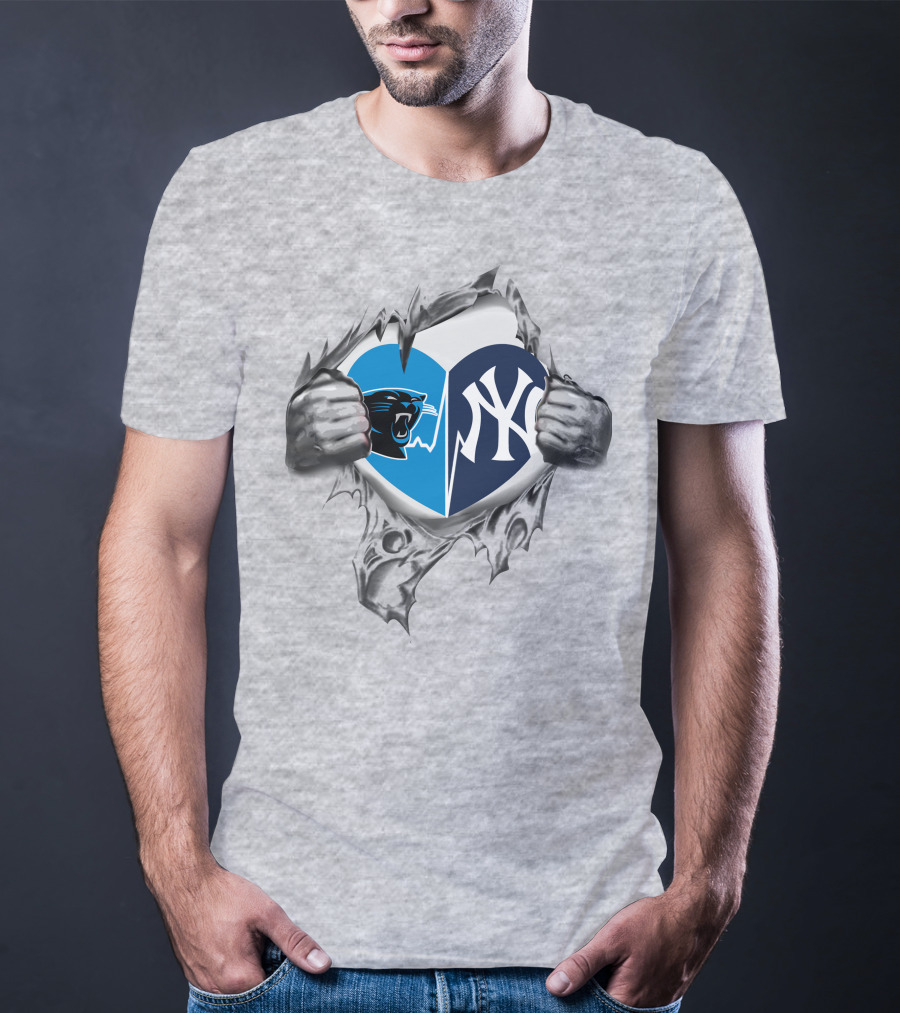 Carolina Panthers New York Yankees Heart Tear Mashup T-Shirt