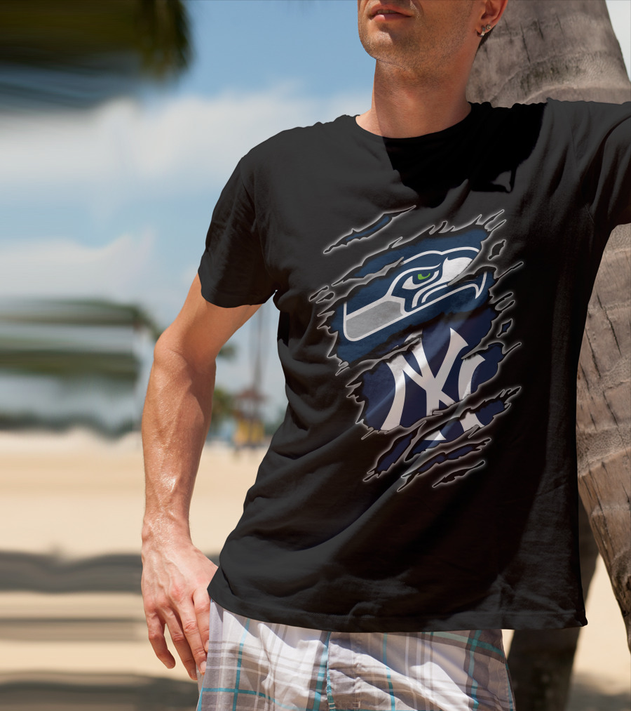 Seattle Seahawks New York Yankees Nfl Mlb Crossover Logo Fusion T-Shirt