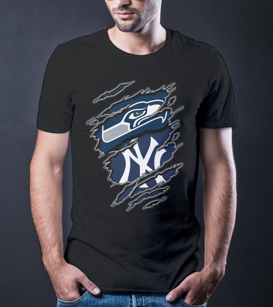 Seattle Seahawks New York Yankees Nfl Mlb Crossover Logo Fusion T-Shirt