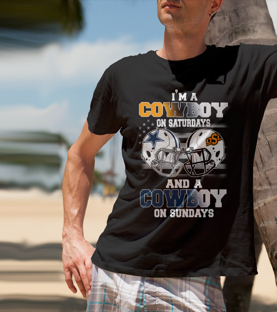 I'm A Cowboy Osu On Saturdays And A Cowboy On Sundays Football Helmets American Flag T-Shirt