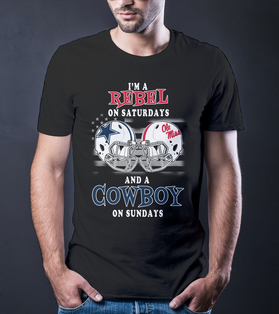 I'm A Rebel On Saturdays And A Cowboy On Sundays Ole Miss Cowboys Helmets T-Shirt