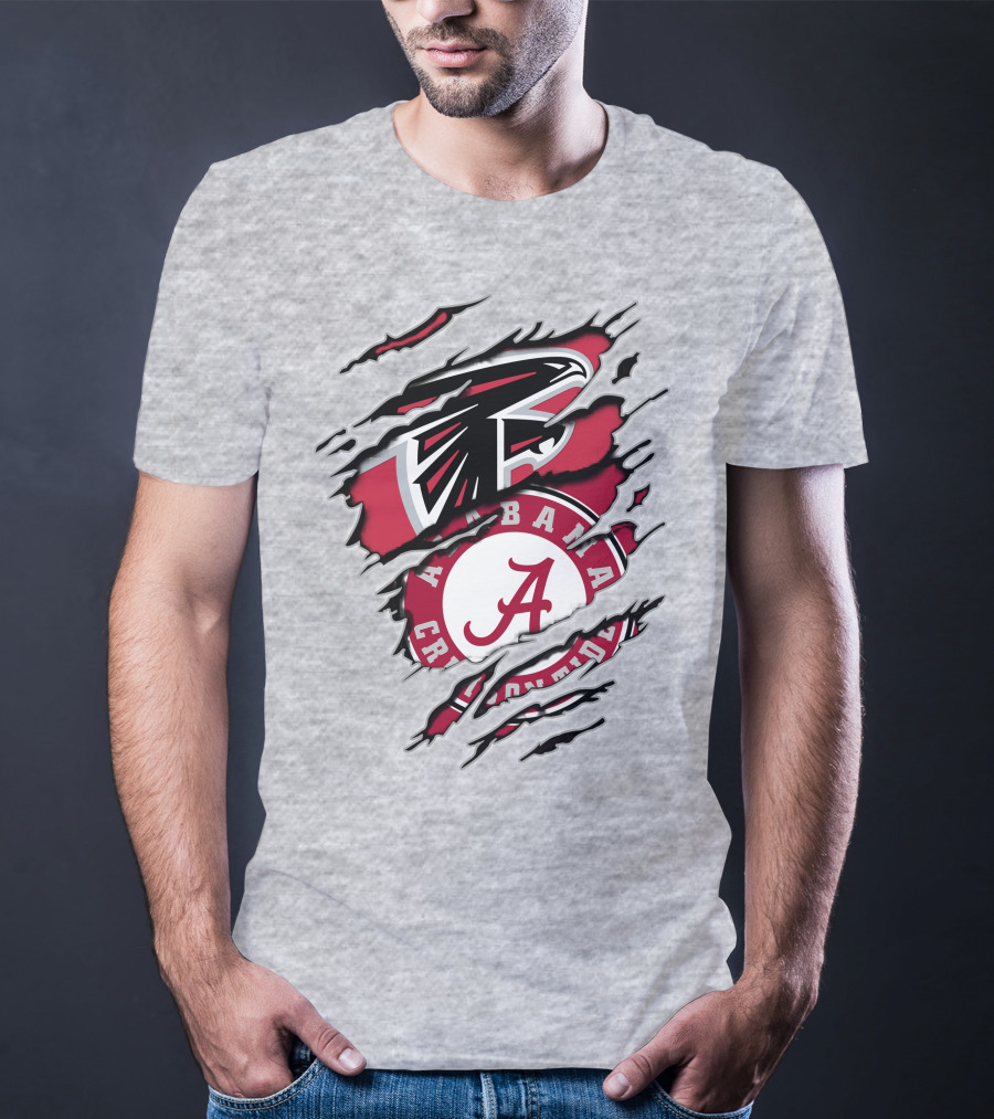 Alabama Crimson Tide And Atlanta Falcons Ripped Logo Combo T-Shirt