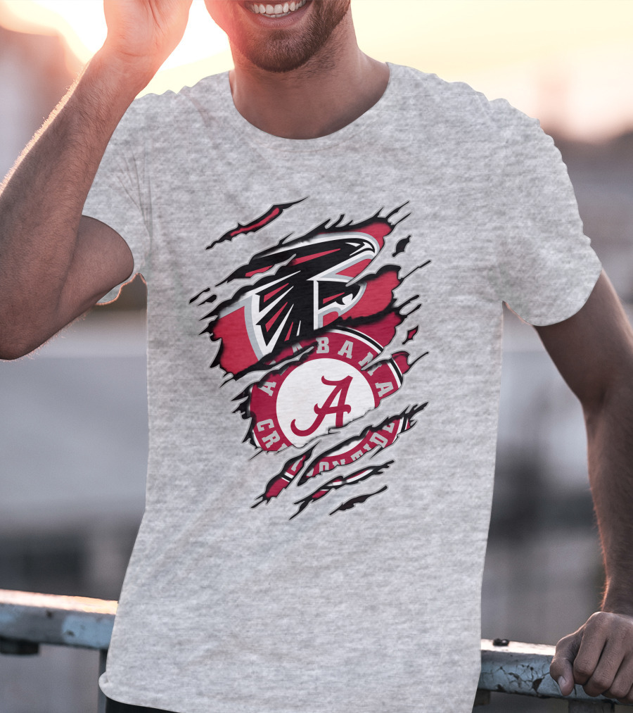 Alabama Crimson Tide And Atlanta Falcons Ripped Logo Combo T-Shirt