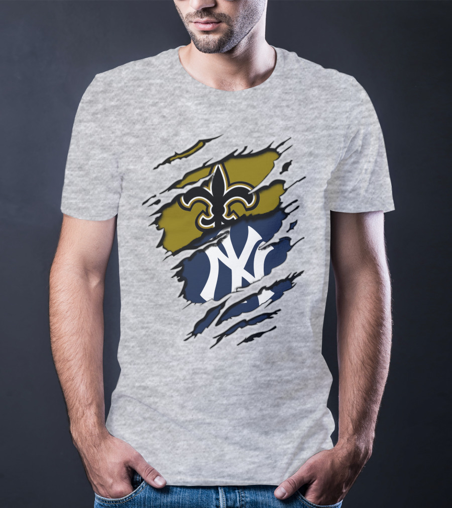 Saints Yankees Fleur-de-Lis And Interlocking NY Symbol Torn T-Shirt