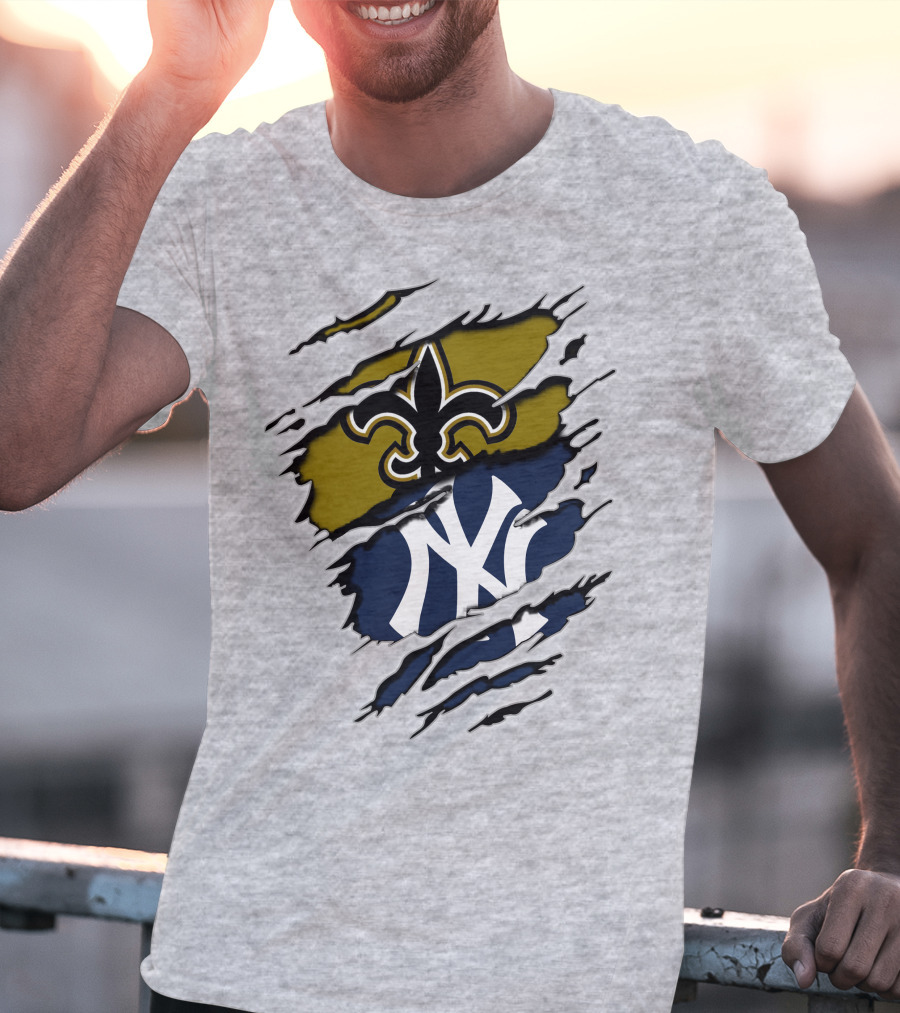 Saints Yankees Fleur-de-Lis And Interlocking NY Symbol Torn T-Shirt