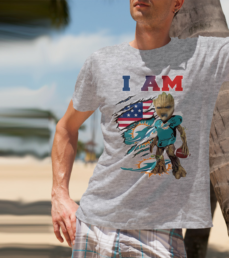 I Am Dolphins Football Groot American Flag T-Shirt
