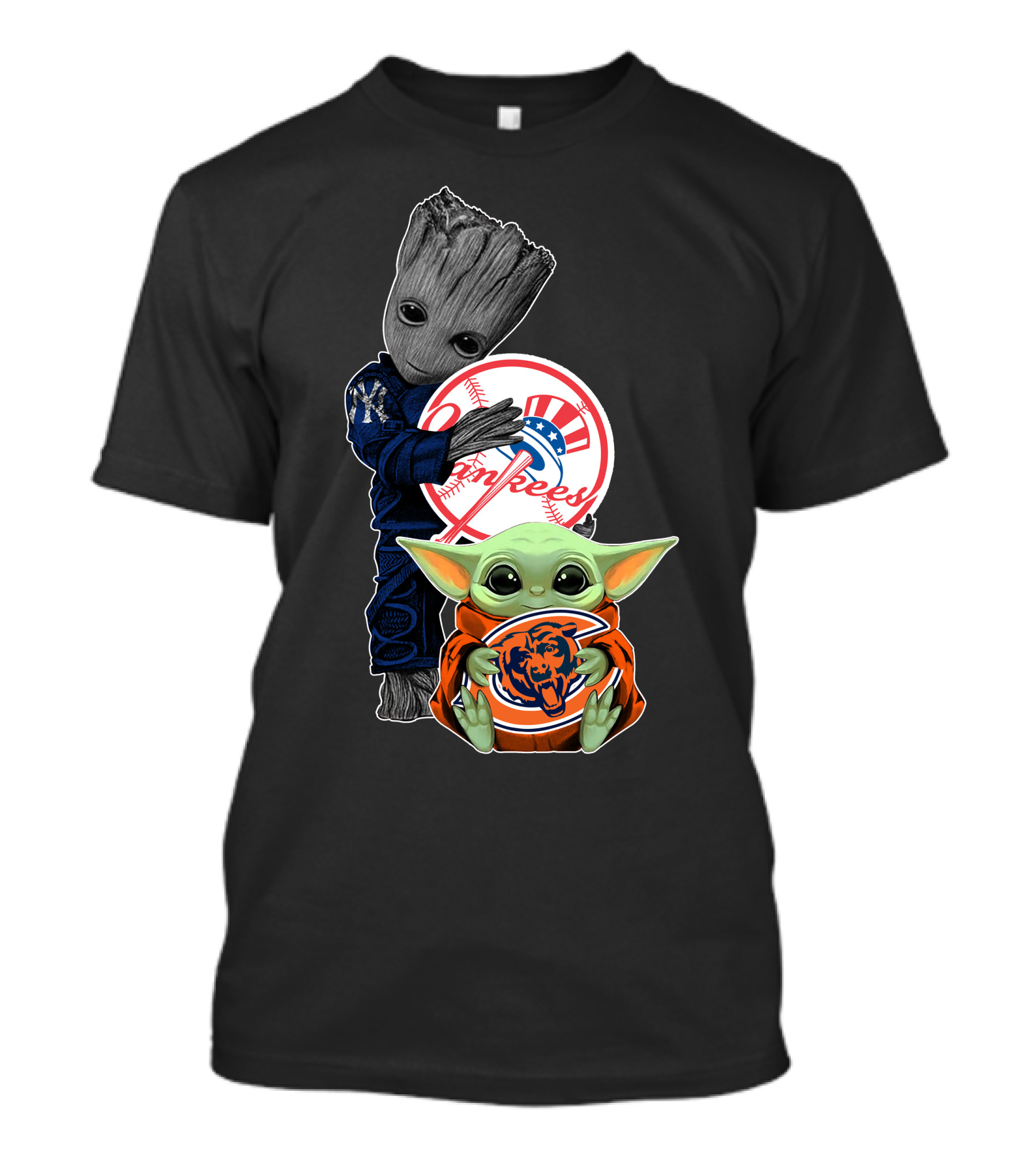 Yankees Groot And Baby Yoda Holding Chicago Bears T-Shirt