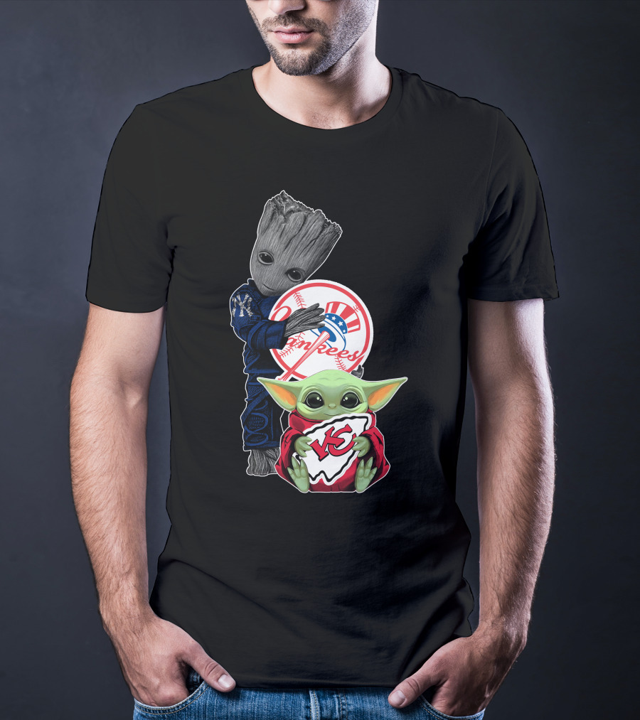 Yankees And Chiefs Baby Groot Mandalorian Mashup T-Shirt