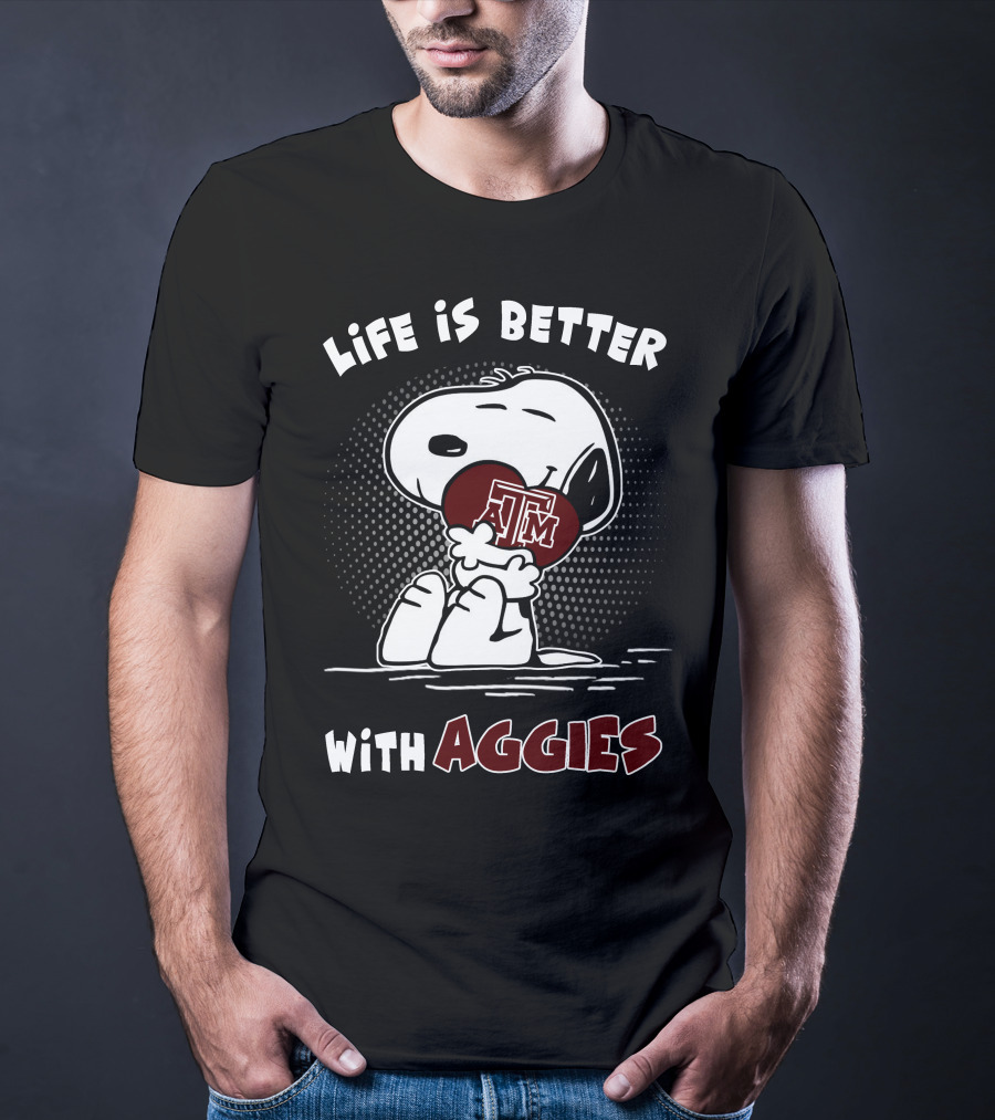 Life Is Better With Aggies Texas A&M Snoopy Hugging Football T-Shirt