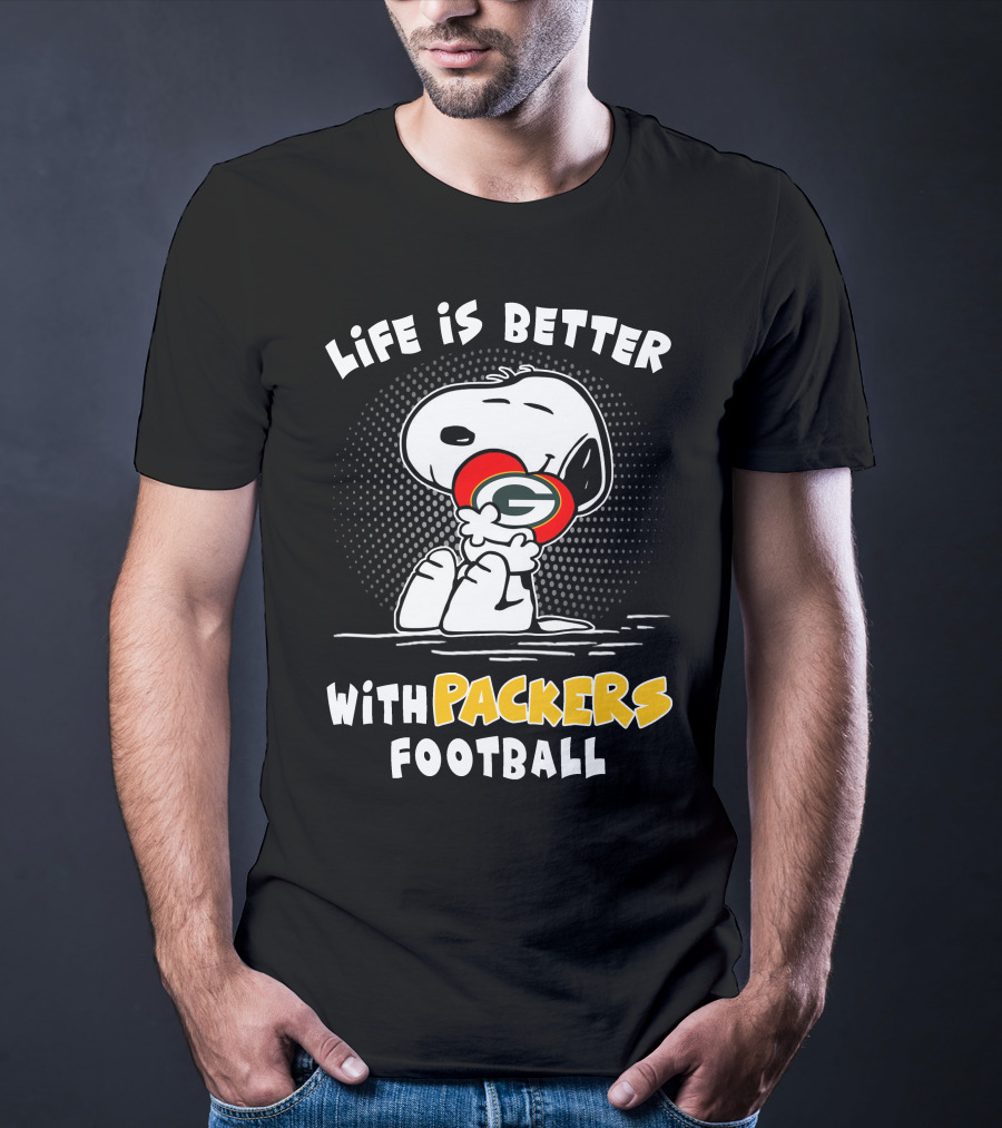 Life Is Better With Packers Football Snoopy Hugging Packers Helmet T-Shirt