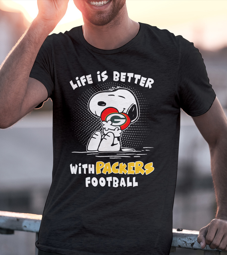 Life Is Better With Packers Football Snoopy Hugging Packers Helmet T-Shirt