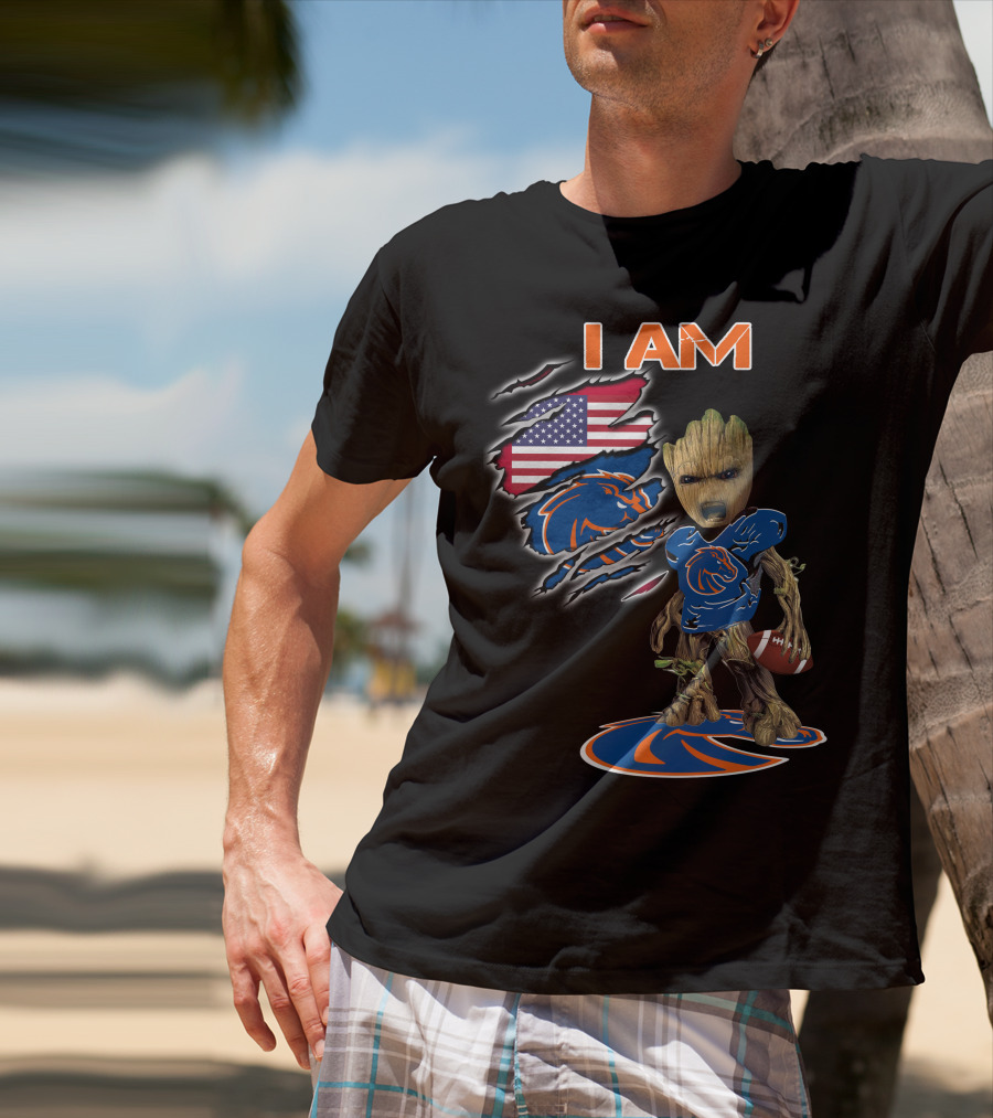 I Am Boise State Broncos Baby Groot Football American Flag T-Shirt