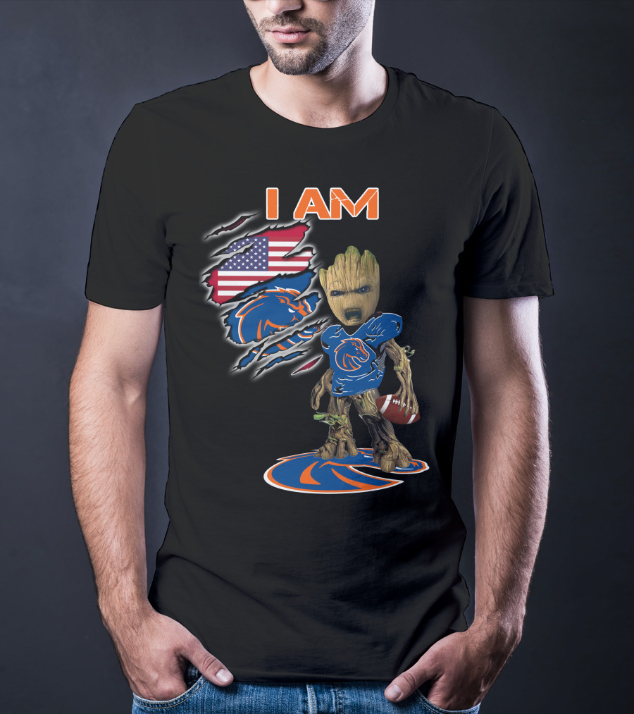 I Am Boise State Broncos Baby Groot Football American Flag T-Shirt