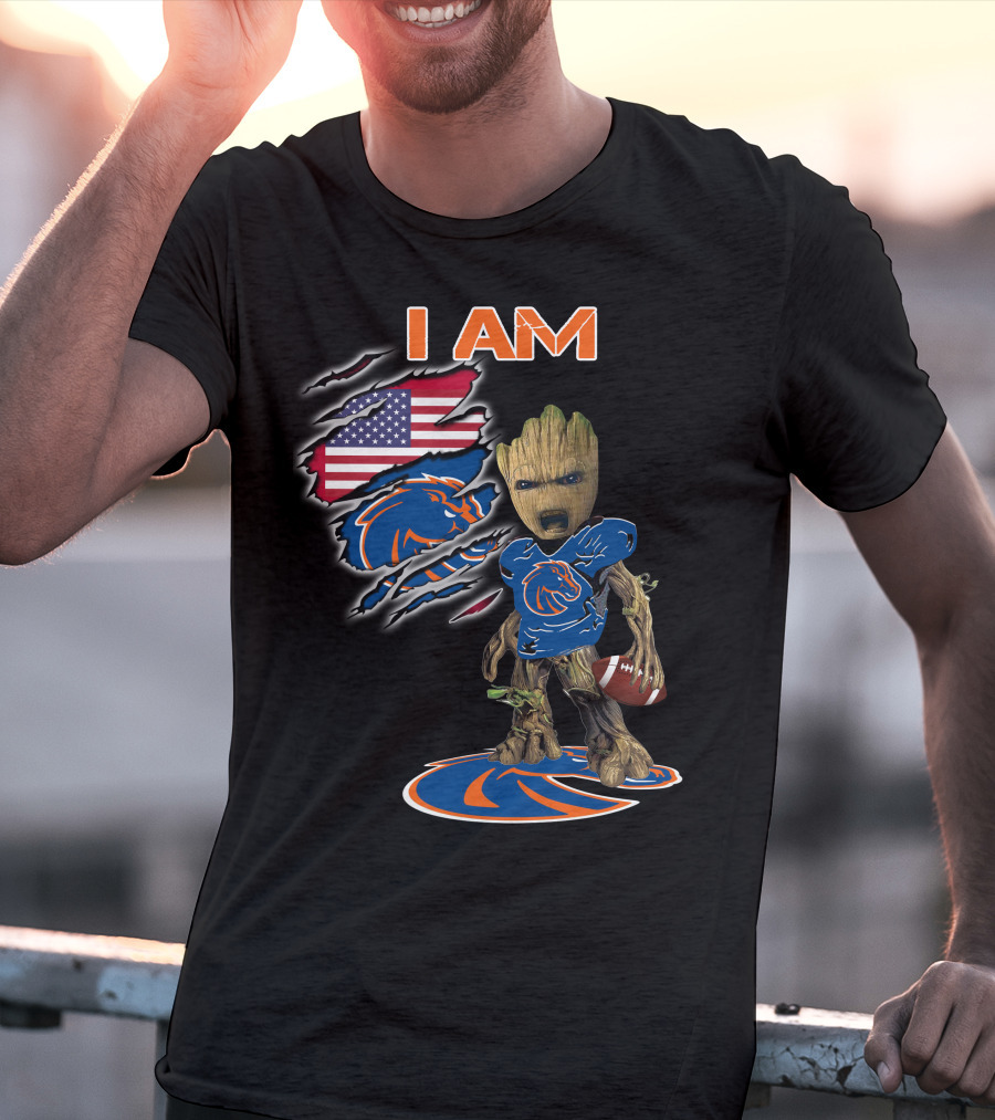 I Am Boise State Broncos Baby Groot Football American Flag T-Shirt