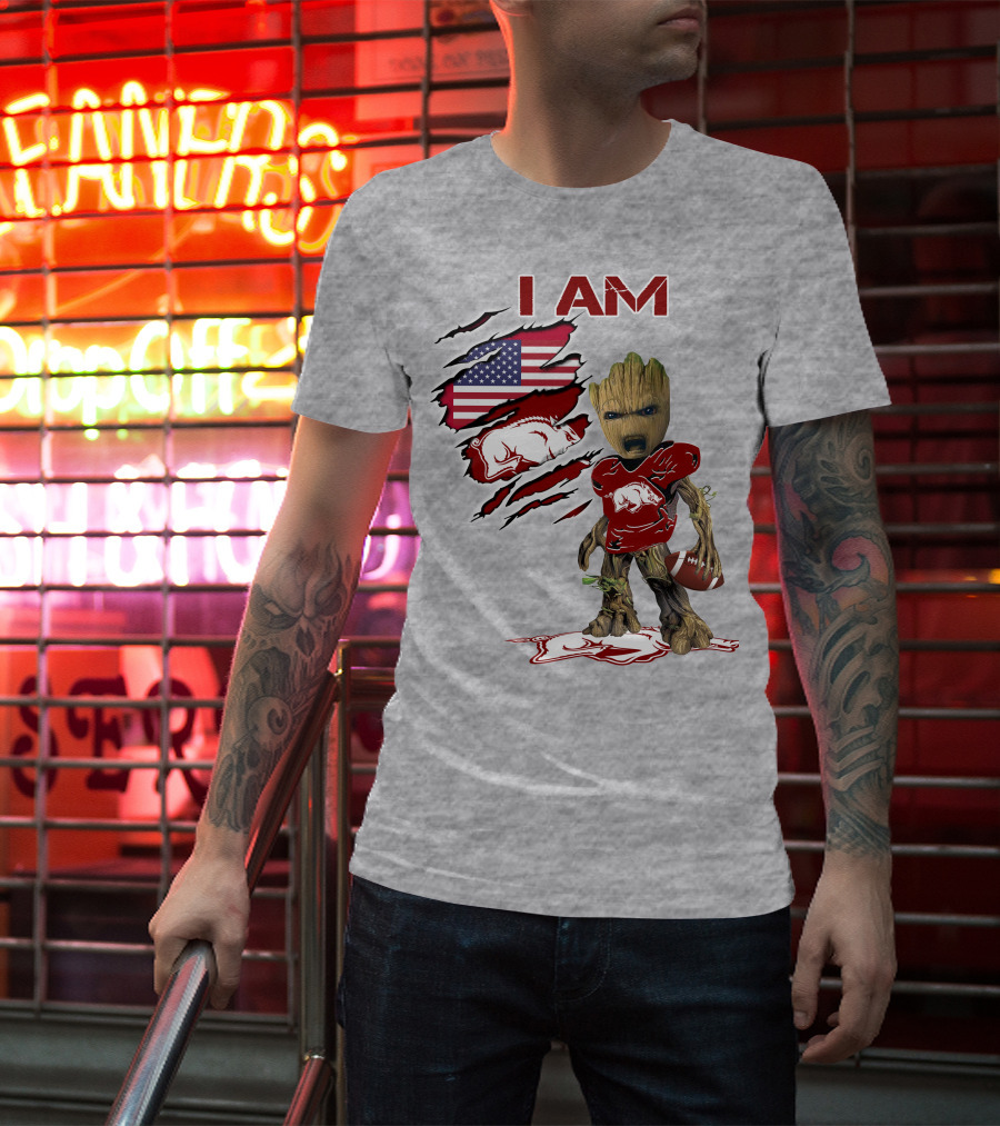 I Am Arkansas Baby Groot Razorbacks Football USA Flag T-Shirt