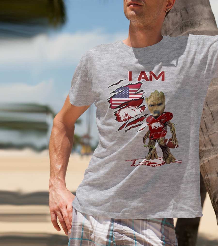 I Am Arkansas Baby Groot Razorbacks Football USA Flag T-Shirt