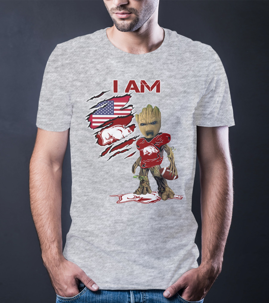 I Am Arkansas Baby Groot Razorbacks Football USA Flag T-Shirt