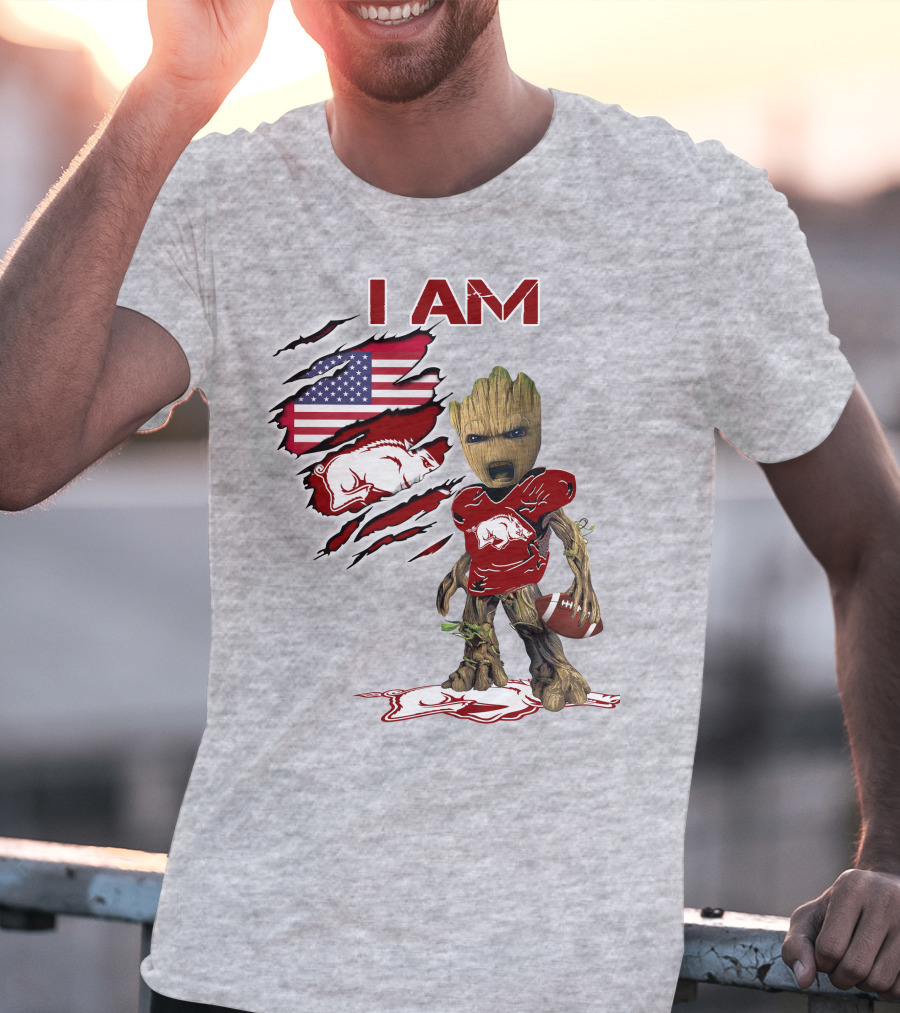 I Am Arkansas Baby Groot Razorbacks Football USA Flag T-Shirt