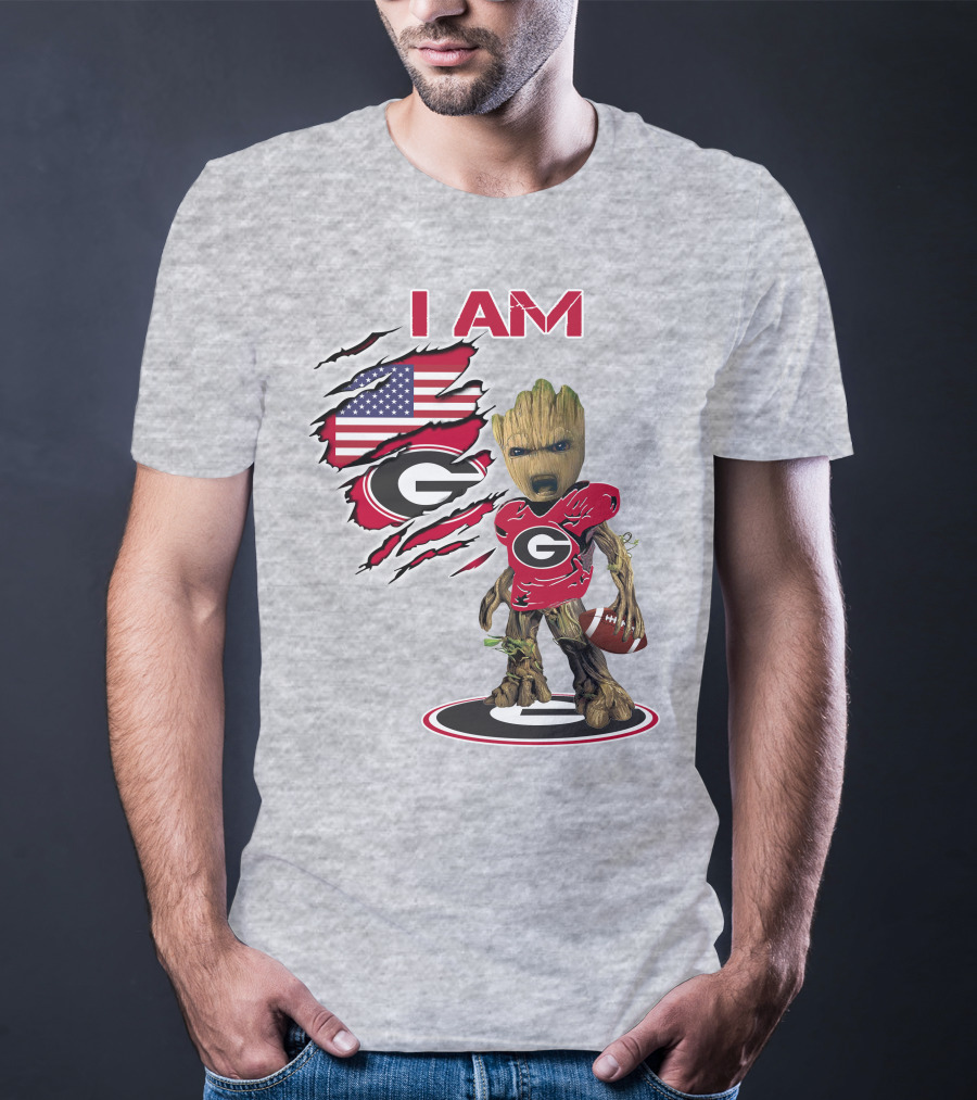 I AM Bulldogs Baby Groot Football Fan USA Flag T-Shirt