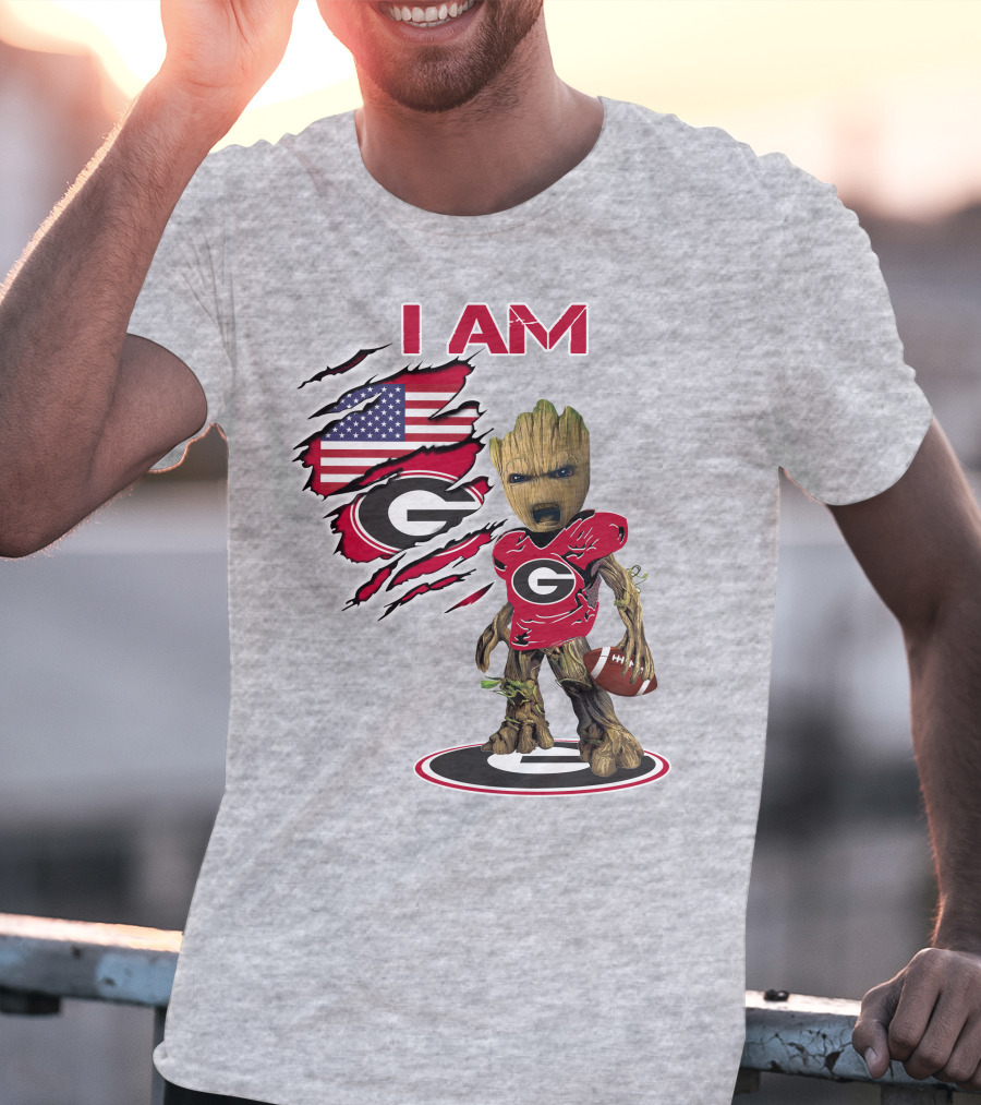 I AM Bulldogs Baby Groot Football Fan USA Flag T-Shirt