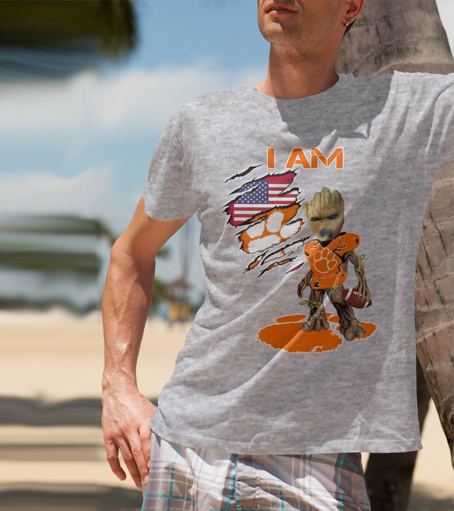I AM Clemsons Baby Groot American Flag Football Paw Prints T-Shirt