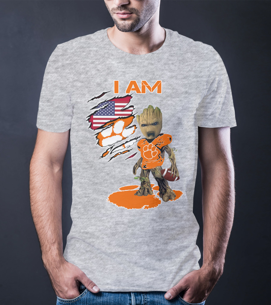 I AM Clemsons Baby Groot American Flag Football Paw Prints T-Shirt