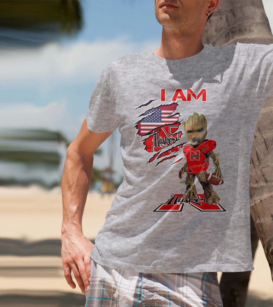 I Am Husker Baby Groot Football USA Flag T-Shirt