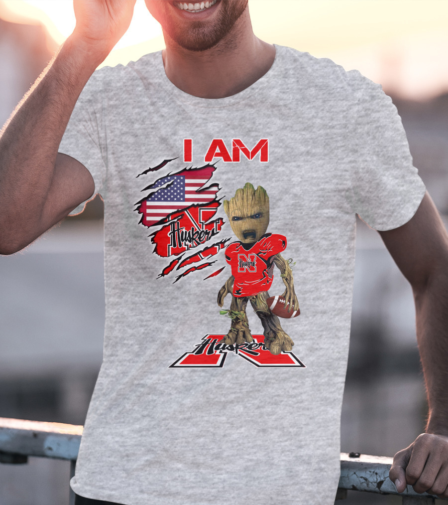 I Am Husker Baby Groot Football USA Flag T-Shirt