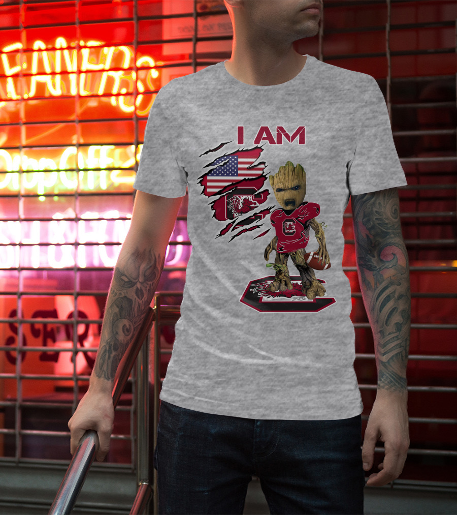I Am Gamecocks Baby Groot Football American Flag T-Shirt