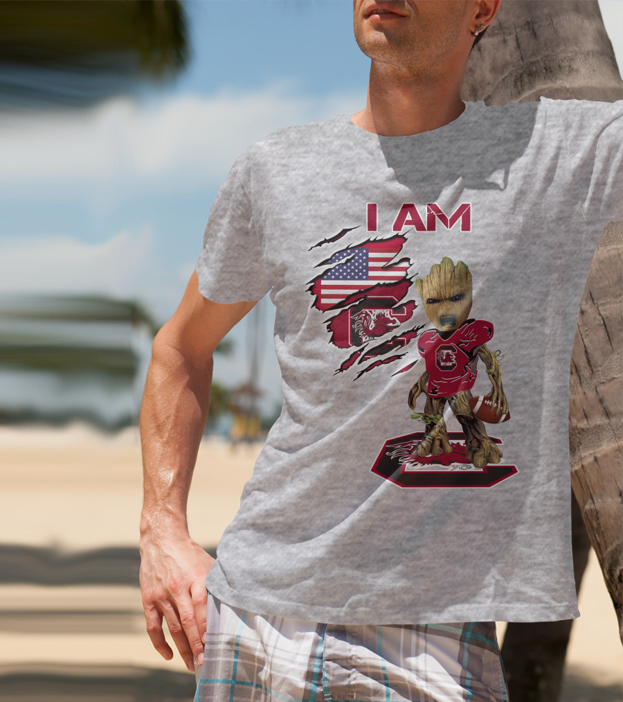 I Am Gamecocks Baby Groot Football American Flag T-Shirt