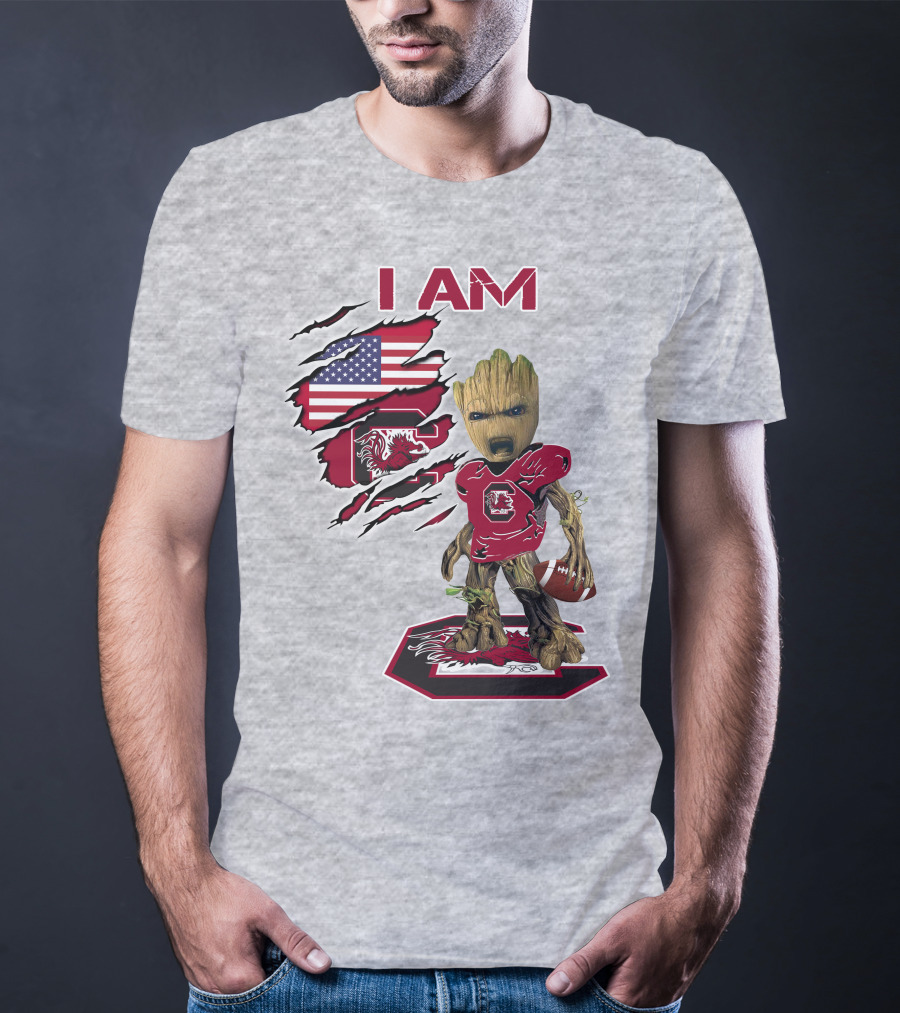 I Am Gamecocks Baby Groot Football American Flag T-Shirt