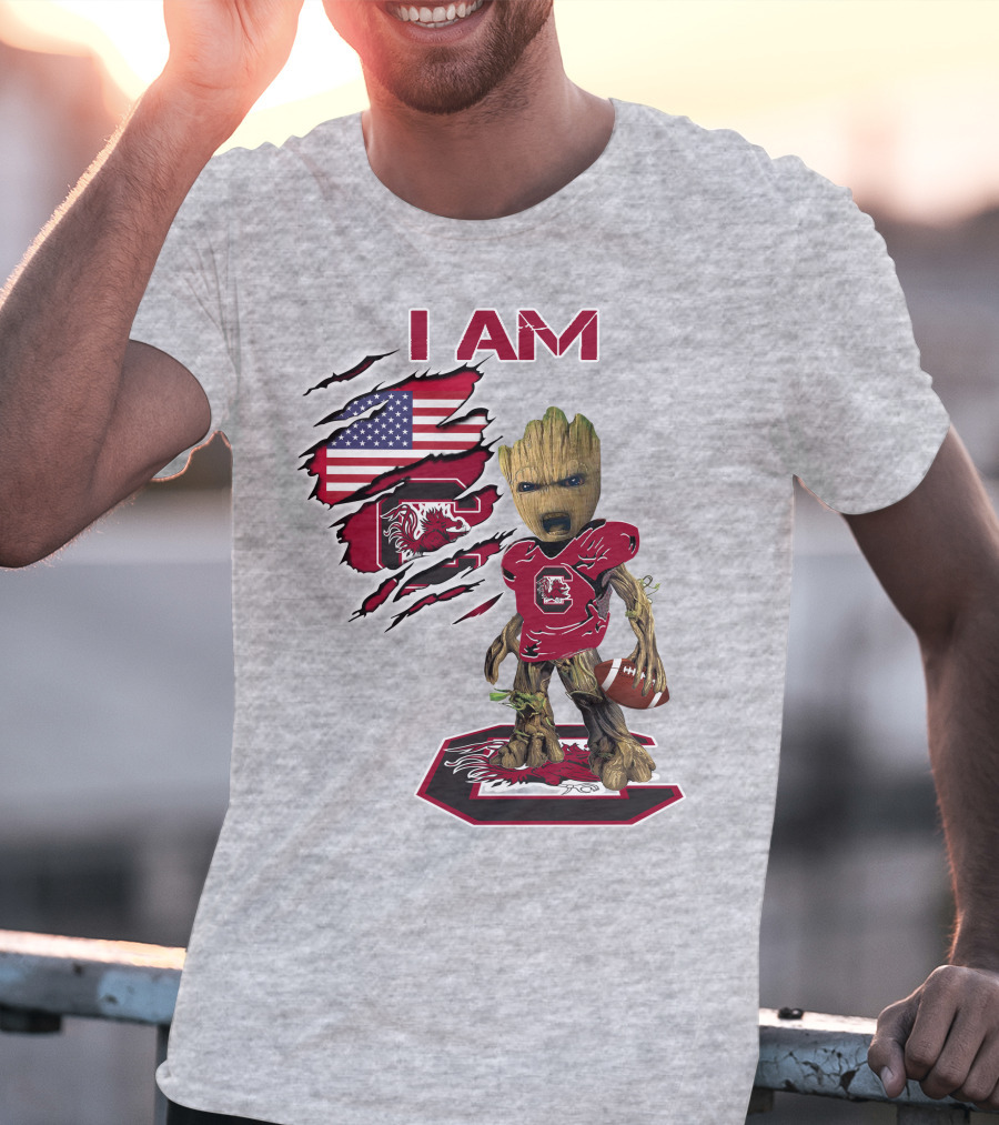 I Am Gamecocks Baby Groot Football American Flag T-Shirt