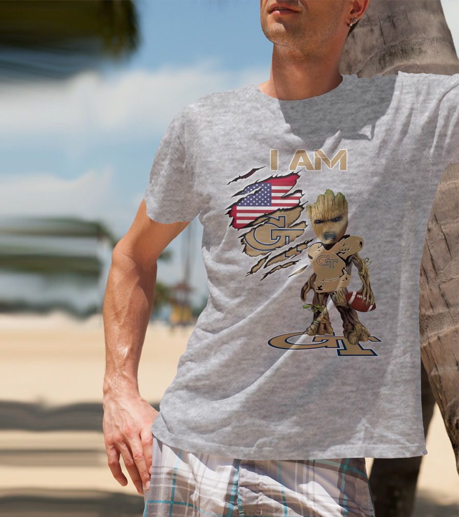 I Am Georgia Tech GT Baby Groot American Flag Football T-Shirt