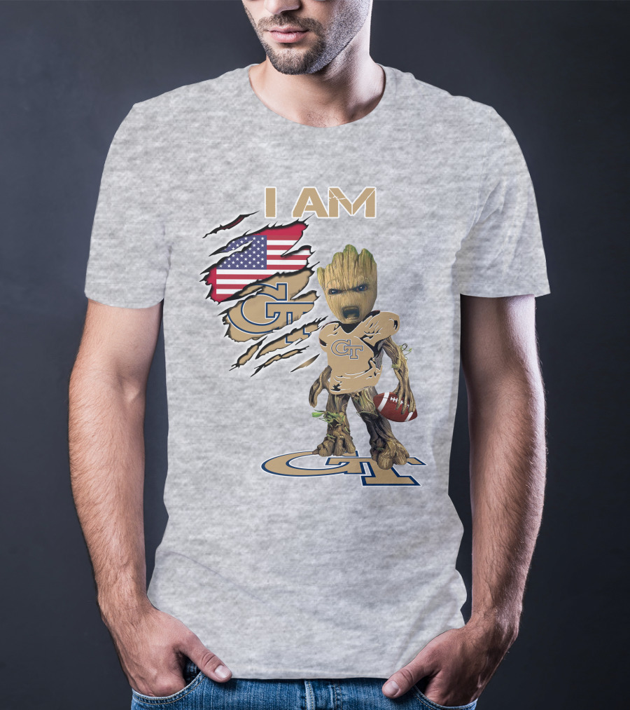 I Am Georgia Tech GT Baby Groot American Flag Football T-Shirt